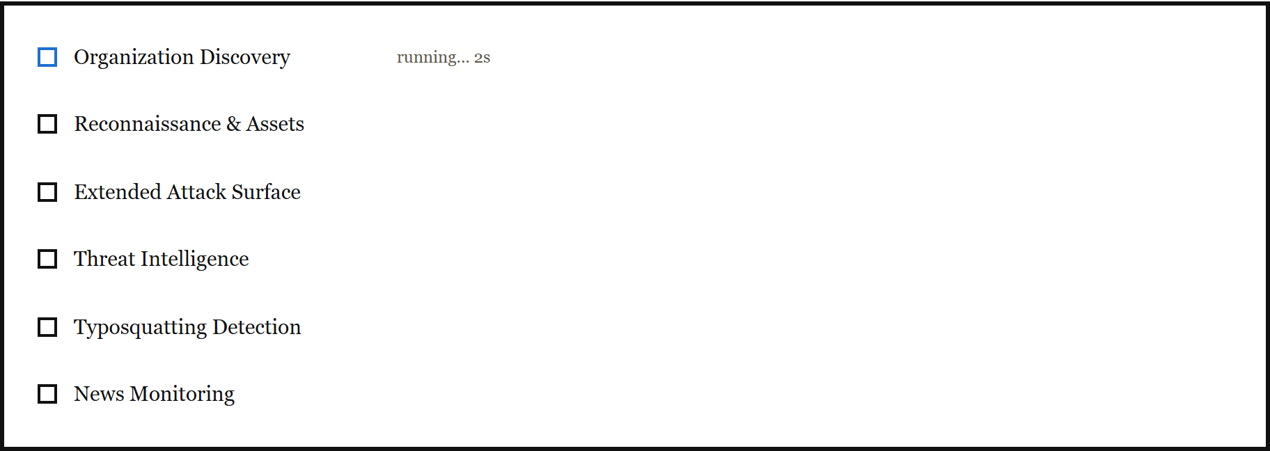 Module progress list showing each module's status as the scan runs