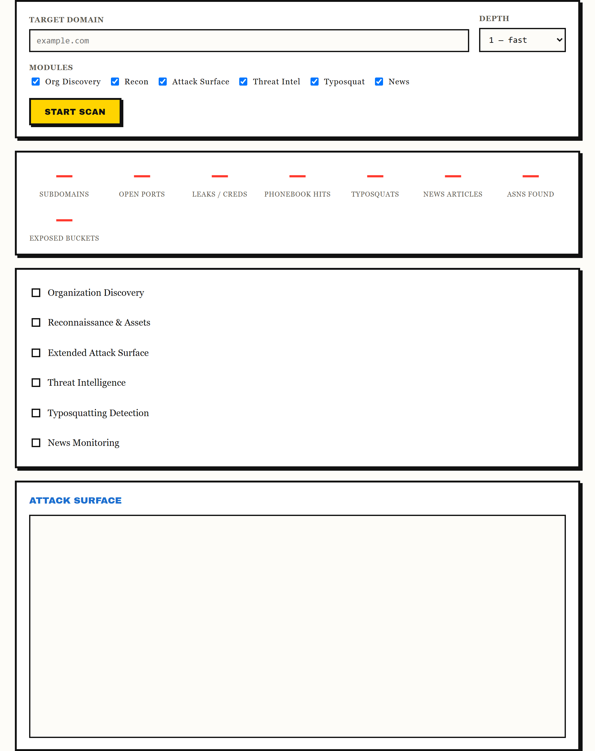Farsight web UI scan form, all six modules checked, depth set to fast