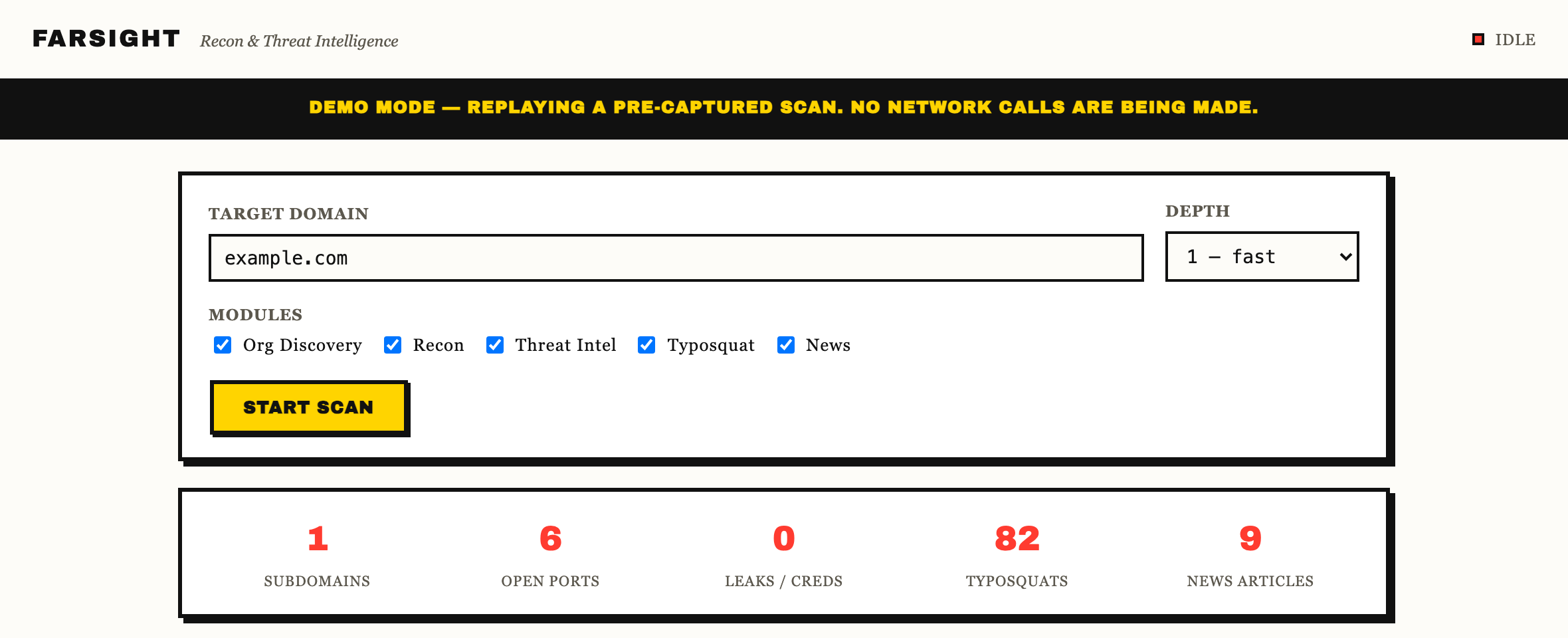 FARSIGHT web UI: scan form with live stats
